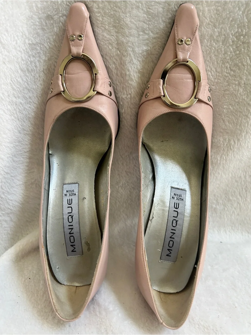 Nique Blush Pink Pointed Leather Heels with Gold Ring Accent
